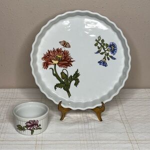 BIA Cordon Bleu 10" Fluted Quiche Pie Plate Floral Pattern w Matching Ramekin